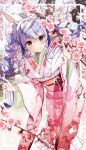  1girl :d animal_ear_fluff animal_ears blurry blurry_background blurry_foreground border braid cherry_blossoms cowlick floral_print_kimono grin hair_intakes hands_up haruhina_purple highres hololive inset_border japanese_clothes kimono long_hair long_sleeves looking_at_viewer multicolored_hair obi obiage obijime outdoors outside_border pink_kimono purple_hair rabbit-shaped_pupils rabbit_ears sash short_eyebrows smile solo symbol-shaped_pupils thick_eyebrows twin_braids two-tone_hair usada_pekora virtual_youtuber white_border wide_sleeves yellow_eyes 