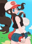  1girl ass bag baseball_cap big_hair black_vest blue_eyes blue_sky breasts brown_hair chimjoljol_(cute_goblin) commentary cutoffs day denim denim_shorts english_commentary exposed_pocket finger_to_cheek from_behind hat highres hilda_(pokemon) holding holding_poke_ball large_breasts long_hair poke_ball poke_ball_(basic) pokemon ponytail satchel shorts sidelocks sky sleeveless solo thick_thighs thighs tongue tongue_out underbutt very_long_hair vest wristband 