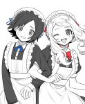  1boy 1girl ;d alternate_costume apron blue_ribbon blush bow bowtie calem_(pokemon) commentary_request enmaided eyelashes grin hat head_tilt headdress highres kashima_momoki locked_arms long_hair long_sleeves looking_at_viewer maid neck_ribbon one_eye_closed open_mouth pokemon pokemon_xy red_bow red_bowtie ribbon serena_(pokemon) short_sleeves simple_background smile spot_color sweatdrop teeth upper_teeth_only 