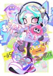  1girl black_leggings blue_hair fangs fingerless_gloves gloves headphones highres holding holding_stuffed_toy jacket leggings long_hair octoling octoling_girl octoling_player_character open_mouth pink_eyes shoes solo splatoon_(series) splatoon_3 standing standing_on_one_leg stuffed_squid stuffed_toy suction_cups tentacle_hair v white_footwear white_gloves white_jacket xiaoyunatie zapfish 