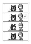  4koma animal_ears bird_tail comic desk elbow_gloves eye_contact fur_collar gloves grey_wolf_(kemono_friends) greyscale head_wings heterochromia highres ink jacket kemono_friends kotobuki_(tiny_life) long_hair looking_at_another monochrome multicolored_hair multiple_girls necktie pantyhose quill shoebill_(kemono_friends) short_sleeves shorts side_ponytail simple_background sitting standing tail translated white_background wolf_ears 