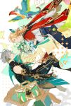  2boys alhaitham_(genshin_impact) bird black_shirt blonde_hair bouquet closed_mouth feather_hair_ornament feathers flower genshin_impact grey_hair hair_ornament happy_birthday headphones holding holding_bouquet kaveh_(genshin_impact) looking_at_another male_focus mehrak_(genshin_impact) multiple_boys open_mouth shirt short_hair sleeveless sleeveless_shirt white_shirt zawazawa_000 