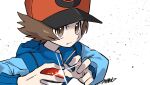  1boy ayakadegozans baseball_cap blue_jacket brown_eyes brown_hair closed_mouth commentary_request glint hat highres hilbert_(pokemon) holding holding_poke_ball jacket male_focus poke_ball poke_ball_(basic) poke_ball_print pokemon pokemon_bw print_headwear red_headwear short_hair signature simple_background sleeves_past_wrists solo upper_body v-shaped_eyebrows white_background 