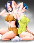  2girls arm_up armpits arms_up asahina_natsuki blue_eyes blue_hair blush breasts covered_nipples cum cum_on_armpits cum_on_body hairband hand_on_another&#039;s_shoulder hand_on_own_head hand_on_own_thigh highres large_breasts long_hair looking_at_viewer medium_breasts mokkouyou_bond mole mole_under_mouth multiple_girls navel nipples orange_shorts orange_sports_bra red_eyes serizawa_miki shiny_skin shirt short_hair short_sleeves shorts simple_background sitting sleeveless sports_bra steaming_body super_real_mahjong sweat very_long_hair white_footwear white_shirt yellow_shirt yellow_shorts 