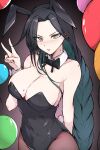  1girl algorhythm_project animal_ears black_hair braid breasts evalia_(algorhythm_project) green_eyes large_breasts long_hair multicolored_hair open_mouth pantyhose playboy_bunny rabbit_ears sak1_01 v virtual_youtuber 