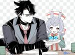  1boy 1girl :d :t animal_ears apron bandaged_arm bandages black_hair black_shirt bow bowtie brown_eyes checkered_background child chopsticks collared_shirt cup eating fingernails food genshin_impact giving gloves hair_ornament heart highres holding holding_food holding_plate long_sleeves low_twintails medium_hair muted_color necktie open_mouth palms_together plate pom_pom_(clothes) pom_pom_hair_ornament purple_eyes purple_hair red_bow red_bowtie red_necktie rice shirt short_twintails sigewinne_(genshin_impact) simple_background smile sushi table tanuki_nishi teeth twintails upper_body upper_teeth_only white_apron white_gloves wriothesley_(genshin_impact) yunomi 