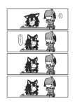  &gt;_&lt; 4koma :3 animal_ears bird_tail comic desk ears_down elbow_gloves eye_contact fur_collar gloves grey_wolf_(kemono_friends) greyscale head_wings heterochromia highres ink jacket kemono_friends kotobuki_(tiny_life) long_hair looking_at_another monochrome multicolored_hair multiple_girls necktie open_mouth pantyhose quill shoebill_(kemono_friends) short_sleeves shorts side_ponytail simple_background sitting standing tail translated white_background wolf_ears 