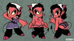 angry_face bitebox64 boximp_(species) breasts clothed clothing demon donna_(bitebox64) female horn humanoid_pointy_ears imp looking_back multiple_images multiple_poses nipples panties partially_clothed pose red_body red_skin simple_background solo tail underwear