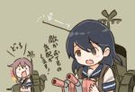  ahoge akebono_(kantai_collection) bell black_hair brown_eyes check_translation comic commentary_request flower hair_bell hair_between_eyes hair_flower hair_ornament holding holding_weapon kantai_collection long_hair multiple_girls open_mouth otoufu purple_hair rigging school_uniform serafuku short_sleeves side_ponytail surprised translation_request ushio_(kantai_collection) weapon 