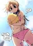  1girl absurdres bandaid bandaid_on_cheek bandaid_on_face belt_collar bikini black_eyes blue_collar blue_sky blurry blurry_foreground bruise collar creature ed-chan_(edkuroki) edkuroki english_text engrish_text from_below gauze_on_arm gauze_on_cheek gauze_on_hip hair_intakes hickey highres holding holding_creature injury light_blush long_hair looking_at_creature messy_hair navel original outdoors pink_bandaid pink_bikini ranguage sidelocks signature sky speech_bubble swimsuit wavy_mouth 