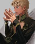  1girl black_jacket blonde_hair commentary earrings giorno_giovanna green_eyes grey_background highres jacket jewelry jojo_no_kimyou_na_bouken long_hair long_sleeves pompadour simple_background solo srm2_poipoi symbol-only_commentary vento_aureo watermark 