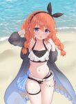  1girl beach belt bikini blush braid cementite collarbone commentary_request highres jacket long_braid long_hair looking_at_viewer navel ocean open_mouth orange_hair princess_connect! purple_eyes solo swimsuit twin_braids yuni_(princess_connect!) 