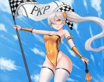  &gt;:) alternate_costume armpits bare_shoulders blue_sky blush breasts bridal_gauntlets character_name checkered checkered_flag cleavage cloel closed_mouth closed_umbrella cloud collarbone contrapposto covered_navel cowboy_shot day flag floating_hair girls_frontline groin hair_between_eyes hair_ornament hair_scrunchie highres holding holding_umbrella leotard long_hair medium_breasts orange_scrunchie outdoors pkp_(girls_frontline) race_queen scrunchie shiny shiny_clothes shiny_skin side_ponytail sky smile solo standing strapless strapless_leotard thighhighs thighs umbrella v-shaped_eyebrows very_long_hair white_legwear wind yellow_eyes yellow_leotard 