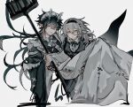  1boy 1girl alternate_costume apron aqua_eyes aqua_horns broom carrying crossdressing dan_heng_(honkai:_star_rail) dan_heng_(imbibitor_lunae)_(honkai:_star_rail) dragon_boy frills grey_hair hair_between_eyes hairband highres holding holding_broom honkai:_star_rail honkai_(series) horns maid_apron maid_headdress monocle mulihaohao pointy_ears princess_carry stelle_(honkai:_star_rail) trailblazer_(honkai:_star_rail) white_background yellow_eyes 