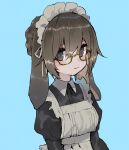  1girl animal_ears apron black_eyes blue_background braid brown_hair buttons closed_mouth collared_dress commentary_request dress floppy_ears french_braid frilled_apron frills glasses hair_between_eyes highres juliet_sleeves long_sleeves looking_at_viewer maid maid_headdress original puffy_sleeves rabbit_ears sakutake_(ue3sayu) semi-rimless_eyewear short_hair simple_background solo under-rim_eyewear upper_body white_apron yellow-framed_eyewear 