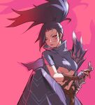  1girl absurdres black_hair breasts chaye_yan closed_mouth genderswap genderswap_(mtf) highres league_of_legends long_hair medium_breasts navel red_background red_eyes sheath sheathed shirt short_sleeves solo sword torn_clothes torn_shirt two-tone_background weapon yasuo_(league_of_legends) 