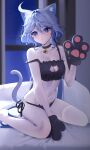  1girl absurdres ahoge animal_ears animal_hands bare_arms bare_shoulders black_gloves black_panties blue_eyes blue_hair cat_cutout cat_ears cat_lingerie cat_tail clothing_cutout commentary_request educk furina_(genshin_impact) genshin_impact gloves hair_between_eyes hair_intakes hand_up highres indoors long_hair meme_attire navel panties paw_gloves single_thighhigh sitting solo stomach strap_slip tail thighhighs thighs underwear underwear_only very_long_hair wariza white_thighhighs 