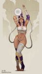  alternate_costume artist_name bandages bracelet breasts commentary_request crystal_ball feet fingerless_gloves full_body gloves green_eyes jewelry large_breasts looking_at_viewer menat navel parted_lips purple_hair quasimodox revision solo standing stomach street_fighter street_fighter_v thighhighs tiara toeless_legwear toes 