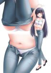  1girl absurdres ass black_hair blue_archive blue_pants blush bra breasts collarbone cowboy_shot denim grey_halo halo highres long_hair looking_at_viewer miyu_(blue_archive) multiple_views navel open_mouth pants red_eyes shira_jun simple_background small_breasts underwear white_background white_bra 