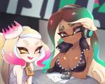  2girls breasts cephalopod_eyes cleavage crown dark_skin desk fang headphones hime_(splatoon) iida_(splatoon) jtveemo large_breasts long_hair looking_at_viewer mini_crown mole mole_under_mouth multicolored_hair multiple_girls open_clothes open_shirt short_hair sleeveless smile splatoon splatoon_(series) splatoon_2 suction_cups symbol-shaped_pupils tentacle_hair two-tone_hair upper_body zipper zipper_pull_tab 