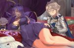  1girl annoyed armor axe bare_shoulders battle_axe bed blue_cape book breasts bridal_gauntlets camilla_(fire_emblem_if) cape character_doll circlet commentary couple curvy elbow_gloves fire_emblem fire_emblem_if flower gloves hair_over_one_eye heart horns husband_and_wife large_breasts lips long_hair lying magic_circle magister_(medical_whiskey) male_my_unit_(fire_emblem_if) my_unit_(fire_emblem_if) nail_file on_bed on_side open_mouth purple_flower purple_gloves purple_hair purple_rose red_eyes rose sidelocks smile spaghetti_strap thick_thighs thighs watermark wavy_hair weapon wide_hips 