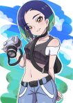  1girl absurdres armband bare_shoulders black_armband black_choker black_shirt blue_hair bob_cut breasts brown_eyes camera choker collarbone crop_top denim gradient_hair grey_shirt highres holding holding_camera jeans loose_hair_strand midriff multicolored_hair pants perrin_(pokemon) pokemon pokemon_sv ribbed_shirt rono_(lethys) shirt sleeveless sleeveless_shirt undershirt v-neck 