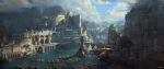  absurdres aqueduct boat bridge canyon city cliff cloud cloudy_sky dome fantasy fire highres mountain no_humans numenor official_art renart rings_of_power river scenery sky smoke tolkien&#039;s_legendarium trireme water watercraft waterfall watermark 