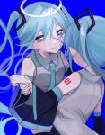  2girls absurdres aqua_eyes aqua_hair aqua_necktie aqua_trim arm_at_side black_skirt black_sleeves blue_background blue_theme collared_shirt cracked_skin frilled_shirt_collar frills grey_shirt hair_between_eyes half-closed_eyes halo hand_on_another&#039;s_arm hatsune_miku highres long_hair long_sleeves looking_at_another multiple_girls necktie shirt shizumu_(shi_zumu) skirt sleeveless sleeveless_shirt smile twintails vocaloid white_halo 