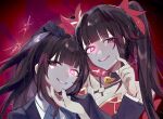  2girls black_choker black_hair black_jacket blunt_bangs choker commentary dress dual_persona grin head_tilt highres honkai:_star_rail honkai_(series) jacket long_hair long_sleeves looking_at_viewer multiple_girls pink_eyes red_dress smile sparkle_(honkai:_star_rail) twintails yanfei_u 