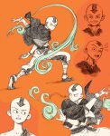  1boy aang arrow_(symbol) aten_man avatar:_the_last_airbender avatar_legends bald child commentary english_commentary facial_mark fighting_stance full_body highres male_focus orange_background sketch smile solo teeth 
