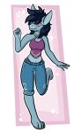 anthro big_ears blue_body bottomwear clothing crop_top female fluffy fluffy_hair hair happy hi_res rae-lana safe_(disambiguation) shirt shorts solo topwear unknown_species