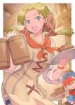  1boy 1girl absurdres breasts cross-laced_clothes earrings food grandia grandia_i green_hair hair_net hair_ornament highres holding jewelry justin_(grandia) k_katora lily_(grandia) long_hair looking_at_viewer low-tied_long_hair mother_and_son open_mouth smile 