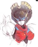  1girl azuredawn40 blue_eyes breasts highres humanoid_robot mecha mecha_musume medium_breasts red_lips robot robot_girl science_fiction solo transformers upper_body white_background windblade 