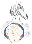  ahoge ass bottomless commentary_request from_behind highres jitome long_sleeves looking_at_viewer looking_back original robe sleeves_past_fingers sleeves_past_wrists solo tentacles thigh_gap tsunekichi white_background white_hair yellow_eyes 