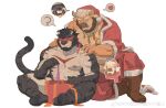  2boys ? a_zhai_ran_shao_ba_bao_zha_da_mo_wang absurdres animal_ears bara beard black_fur blindfold brown_fur censored character_censor chibi chibi_inset christmas couple cow_ears cow_horns facial_hair full_beard full_body furry furry_male gift hat heart highres horns iron_mane_(accepted42) jacket male_focus mature_male minotaur multiple_boys muscular muscular_male novelty_censor open_clothes open_jacket original santa_costume santa_hat sitting spoken_heart spoken_question_mark thick_beard thick_eyebrows tiger_boy tiger_ears yaoi 