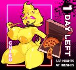 animatronic anthro avian bird blonde_hair chica_(cally3d) chica_(fnaf) chicken clothing female five_nights_at_freddy&#039;s food fredina&#039;s_nightclub galliform gallus_(genus) genitals hair machine nipples nude phasianid pink_eyes pizza pizza_box pussy robot scottgames solo stormkinght tongue tongue_out yellow_body