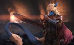  anthro blonde_hair blue_eyes blue_fur blurred_background clothed clothing dark_souls detailed_background dragon fruitbloodmilkshake fur hair holding_object holding_weapon male melee_weapon solo sword video_games weapon 