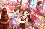  2girls antenna_hair apple balloon blunt_ends brown_hair cake candy chocolate_cake chocolate_fountain clothing_cutout dessert dress food fruit grapes heart heart-shaped_lollipop heart_balloon holding holding_food idolmaster idolmaster_cinderella_girls idolmaster_cinderella_girls_starlight_stage indoors kiwi_(fruit) lollipop long_hair looking_at_object maekawa_miku multiple_girls official_art pinafore_dress purple_dress red_dress shaped_lollipop shirt short_hair shoulder_cutout sleeveless sleeveless_dress sparkle stuffed_animal stuffed_toy teddy_bear tsujino_akari very_long_hair yellow_shirt 