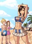  2boys 2girls aerith_gainsborough arms_up ball barret_wallace beach beachball bikini bikini_skirt black_hair blonde_hair breasts brown_eyes brown_hair cloud_strife dtscribe final_fantasy final_fantasy_vii final_fantasy_vii_rebirth final_fantasy_vii_remake flower frilled_bikini frills hair_flower hair_ornament highres large_breasts looking_at_viewer multiple_boys multiple_girls navel official_alternate_costume official_alternate_hairstyle sparkle stomach swimsuit tifa_lockhart toned 