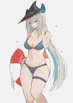  1girl absurdres arknights bare_arms bare_shoulders bikini black_headwear blue_bikini blue_hair breasts cleavage collarbone commentary feet_out_of_frame grey_background grey_hair hair_between_eyes half-closed_eyes hand_up highres lifebuoy long_hair medium_breasts multicolored_hair navel parted_lips red_eyes simple_background skadi_(arknights) skindentation solo sweat swim_ring swimsuit thigh_strap two-tone_hair very_long_hair wawamachi_(wawamachis) 