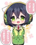  1girl :d absurdres bare_shoulders black_hair black_pantyhose blush breasts chibi clenched_hand collared_shirt commentary_request detached_sleeves floral_background green_eyes green_jacket green_skirt green_sleeves hair_between_eyes hands_up headphones highres jacket kyoumachi_seika large_breasts long_sleeves looking_at_viewer milkpanda necktie notice_lines pantyhose pencil_skirt red_necktie shirt short_eyebrows skirt sleeveless sleeveless_jacket sleeves_past_wrists smile solo thick_eyebrows translation_request voiceroid white_shirt wide_sleeves 