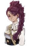  1girl ascot braid braided_ponytail breasts brown_eyes commentary dark_skin fire_emblem fire_emblem:_three_houses high_ponytail highres looking_at_viewer medium_breasts multiple_braids petra_macneary purple_hair solo white_ascot yachimata_1205 