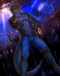 anthro bottomwear clothing concert devil_horns_(gesture) dinosaur dog_tags eleacat gesture group hand_gesture hi_res male navel pants reptile rocco_(tallion) scales scalie sharp_teeth spikes spikes_(anatomy) tail teeth theropod tyrannosaurid tyrannosaurus tyrannosaurus_rex