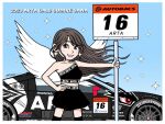  1girl 2023 autobacs_racing_team_aguri black_skirt black_thighhighs bridgestone car collarbone crop_top deformed floating_hair grey_eyes grey_hair hand_on_own_hip holding holding_sign honda honda_nsx kondo_koji_(kojikon) midriff_peek motor_vehicle race_queen race_vehicle racecar real_life sawa_sumire sign skirt smile solo sparkle sparkle_earrings sports_car super_gt thighhighs wings 