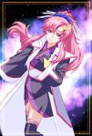  1girl :3 aiai_x0301 black_gloves black_kimono black_thighhighs blue_eyes closed_mouth floating_hair gloves gundam gundam_seed gundam_seed_destiny hair_between_eyes highres japanese_clothes kimono lacus_clyne long_hair long_sleeves pink_hair ponytail short_kimono sketch smile solo thighhighs very_long_hair zettai_ryouiki 