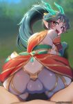  1girl :d antlers blurry blurry_background blush bush cameltoe day from_behind green_hair hair_ornament heavenscale_kai&#039;sa highres horns kai&#039;sa league_of_legends long_hair outdoors pointy_ears ponytail smile solo_focus strongbana teeth upper_teeth_only 