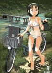  1girl :d awatake_takahiro barefoot bicycle bikini black_footwear black_hair breasts brown_eyes clothing_aside commentary_request dated full_body headband highres holding holding_shoes medium_breasts navel one-piece_tan open_mouth original river rural school_uniform shoes short_hair smile solo string_bikini sweatdrop swimsuit tan tanlines toes white_bikini 