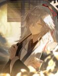  1boy a_ji absurdres bamboo_screen closed_mouth crossed_arms cup drinking_straw folded_fan folding_fan grey_hair hair_over_one_eye hair_ribbon hand_fan high_ponytail highres holding holding_cup holding_fan honkai:_star_rail honkai_(series) japanese_clothes jing_yuan kimono long_bangs long_hair male_focus red_ribbon ribbon solo sunlight upper_body yellow_eyes 