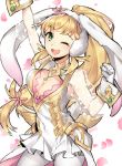  ;d animal_ears arm_up blonde_hair blush braid breasts bunny_ears bunny_girl bunny_tail cleavage cleavage_cutout fire_emblem fire_emblem_heroes gebyy-terar gloves green_eyes long_hair looking_at_viewer medium_breasts one_eye_closed open_mouth pantyhose polka_dot see-through sharena simple_background smile solo tail unaligned_breasts white_background white_gloves white_legwear wrist_cuffs 
