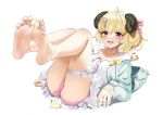  1girl :d ahoge animal_ears bare_legs barefoot blonde_hair blue_jacket blush casino_(casinoep) dress feet foot_focus full_body hair_ornament hairclip hololive horns jacket legs_together legs_up long_sleeves open_clothes open_jacket pink_shorts ponytail purple_eyes sheep_ears sheep_horns shorts smile solo thigh_strap tsunomaki_watame tsunomaki_watame_(loungewear) virtual_youtuber white_dress 